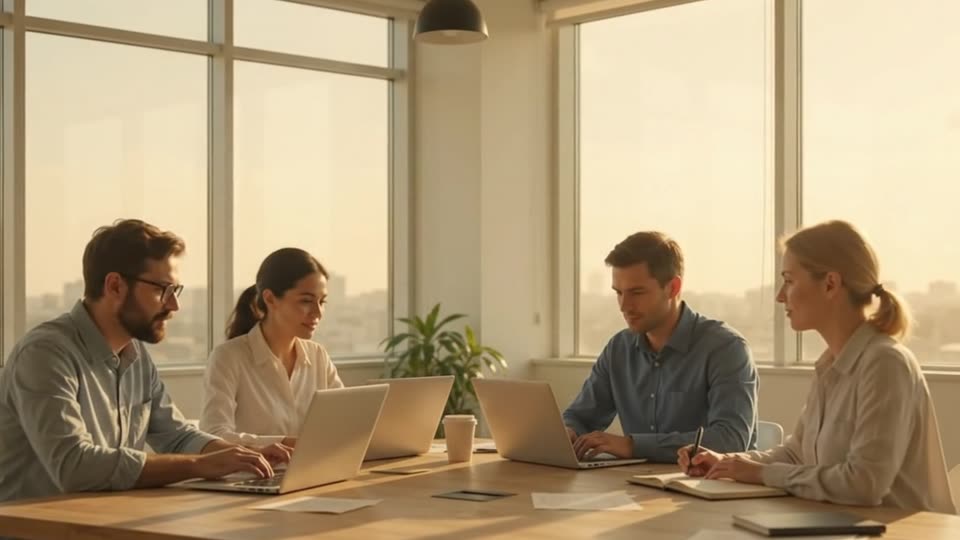 Quatre personnes au travail autour d’une table, devant de grandes fenêtres