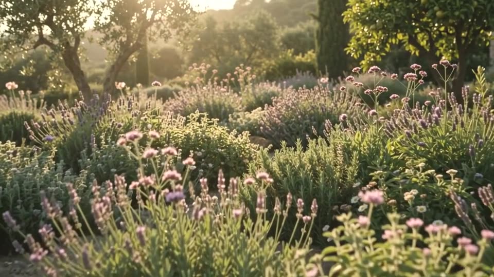Un jardin méditerranéen en fleurs dans la lumière du soir