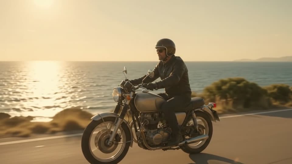 Un motard sur une route côtière, face à la mer